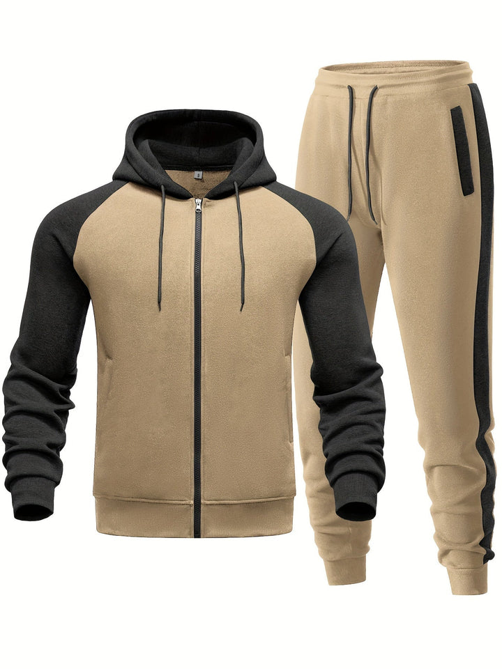 Athletic men's two-piece hoodie and jogger set perfect for gym or everyday casual wear.