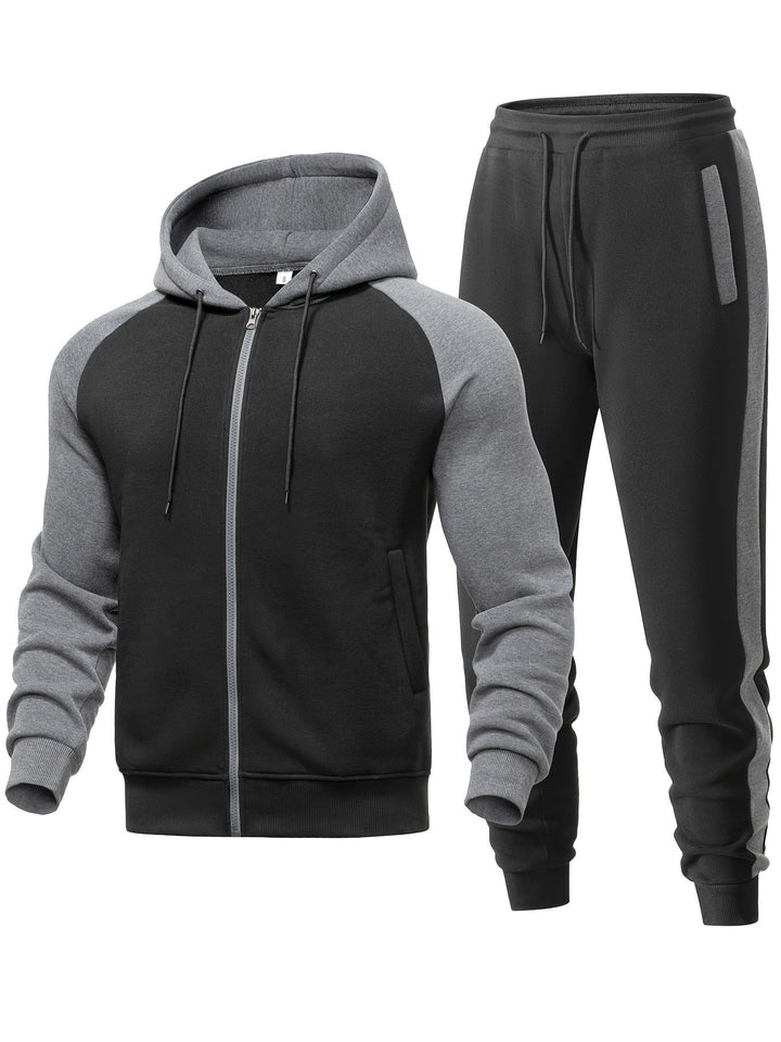 Stylish men's patchwork hoodie and jogger set, a modern two-piece for casual & activewear.