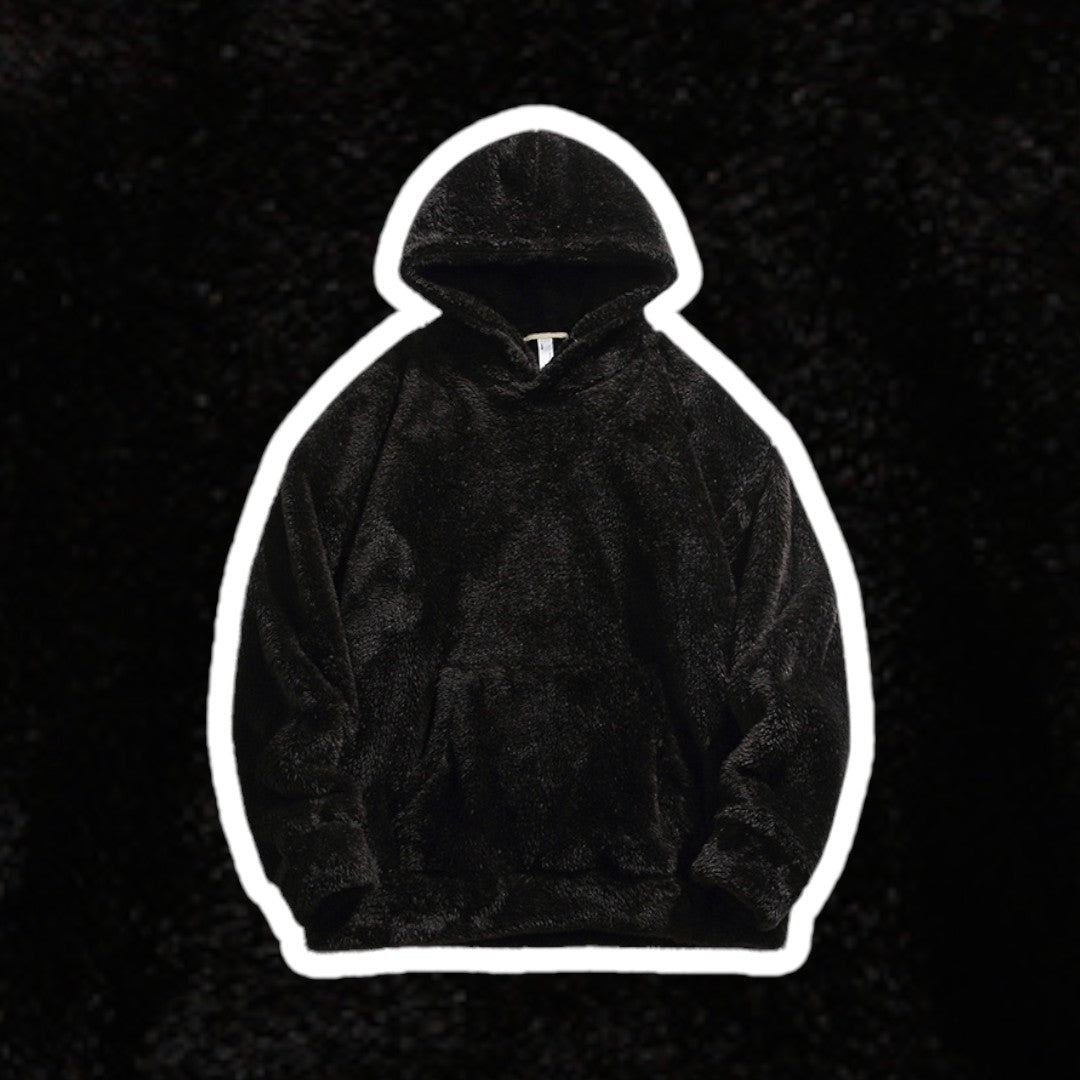 Black men's ultra-soft pullover hoodie, warm & cozy, featuring a practical kangaroo pocket.