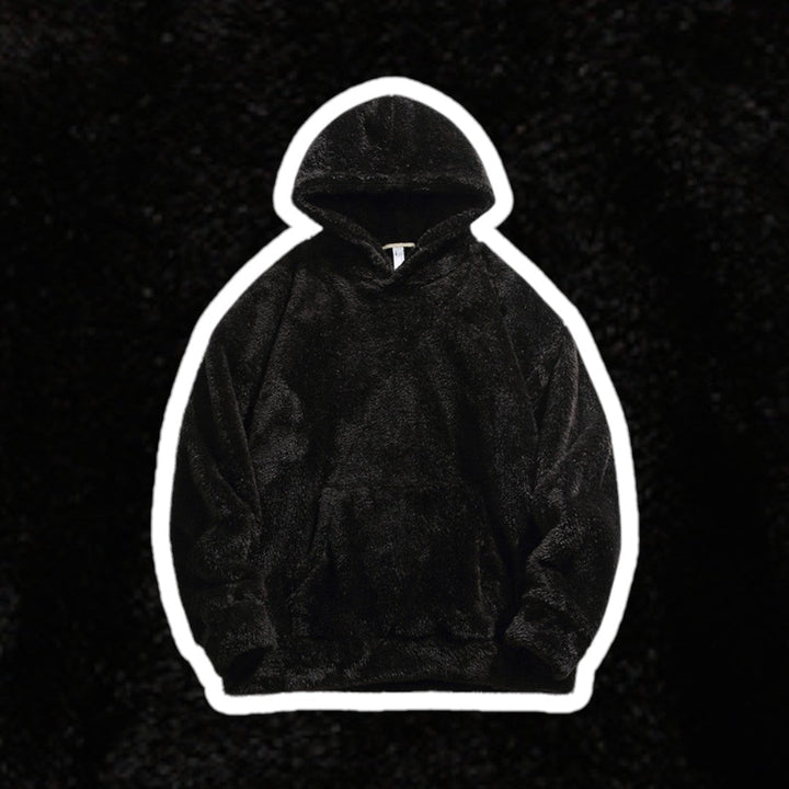 Black men's ultra-soft pullover hoodie, warm & cozy, featuring a practical kangaroo pocket.
