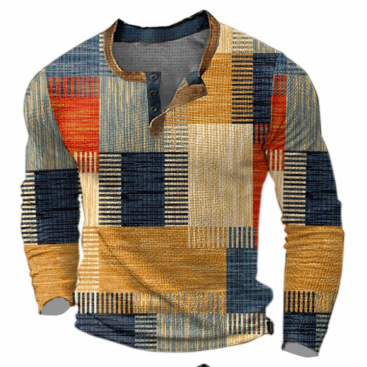 Men's unique patchwork henley sweater, long sleeve, ideal for casual autumn and winter fashion. Stylish & comfortable.