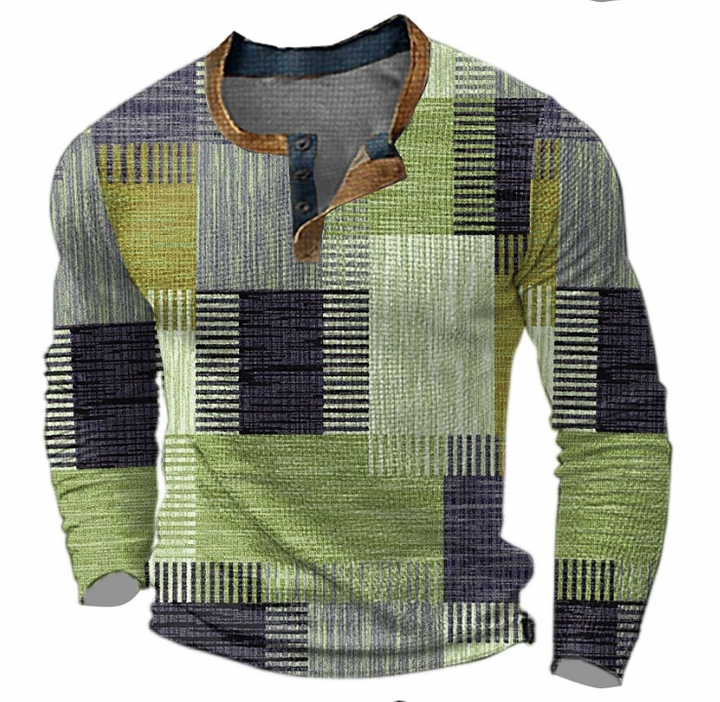 Stylish men's henley sweater with unique patchwork design. Long sleeve for casual wear, perfect for autumn fashion.