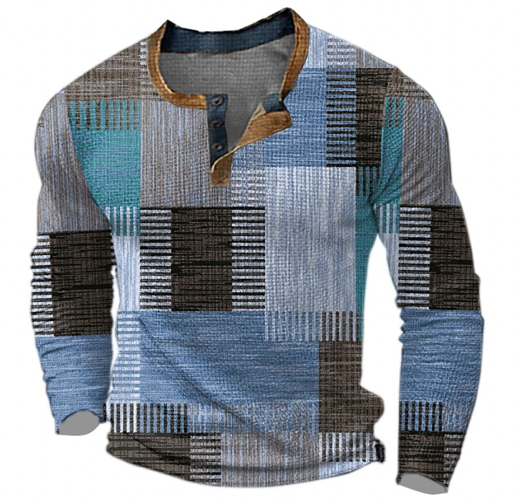 Casual men's long sleeve henley sweater featuring a unique patchwork design, perfect for stylish autumn & winter fashion.