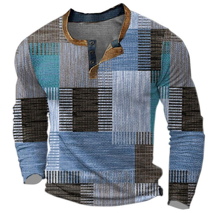 Casual men's long sleeve henley sweater featuring a unique patchwork design, perfect for stylish autumn & winter fashion.