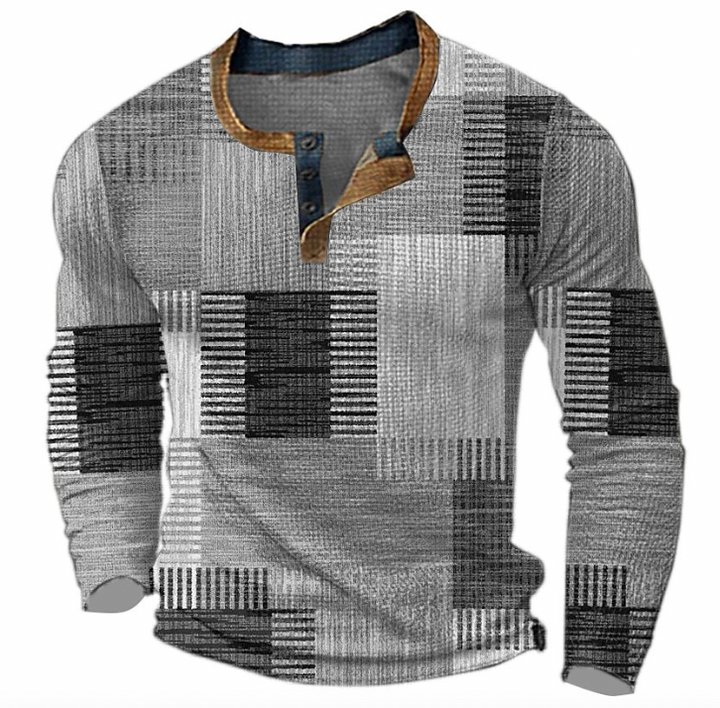 Trendy men's patchwork henley sweater. Long sleeve, casual wear, a unique style for comfortable autumn and winter fashion.