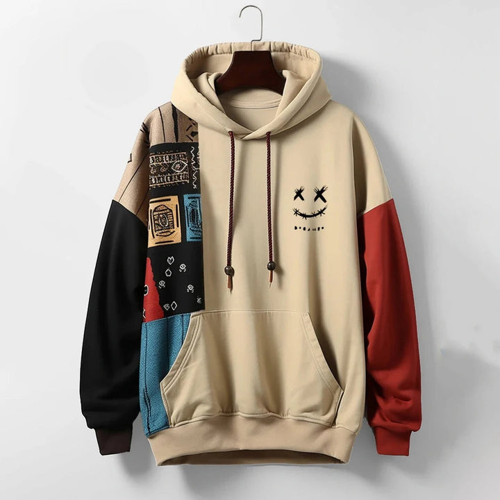 Men's unique patchwork hoodie, relaxed fit, premium cotton blend, perfect for streetwear style & comfort.