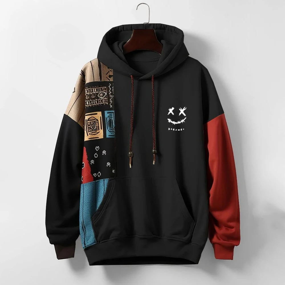 Stylish men's patchwork pullover hoodie with a graphic design, comfortable relaxed fit, ideal for casual streetwear.