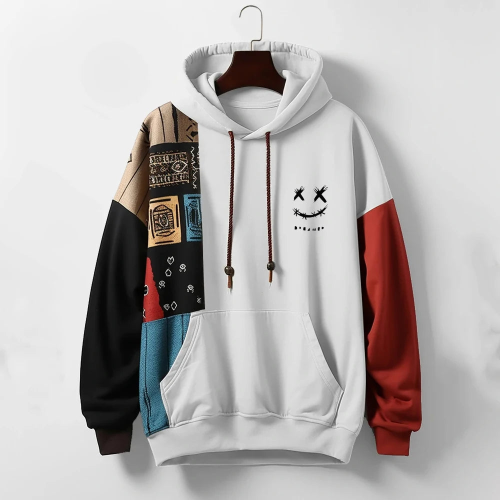 Unique men's patchwork long-sleeve hoodie, relaxed fit streetwear style, perfect for autumn & winter comfort.