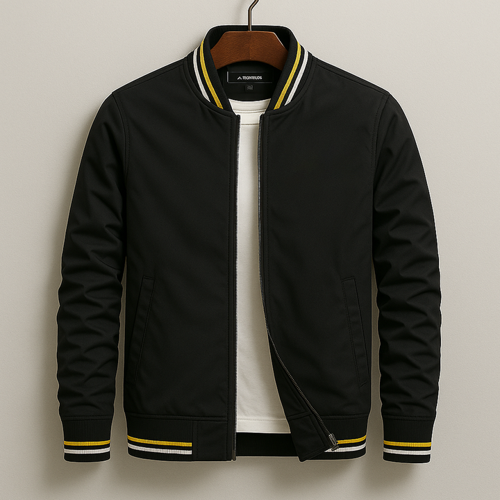 Classic men's urban bomber jacket, sleek design with a functional zip for modern style.