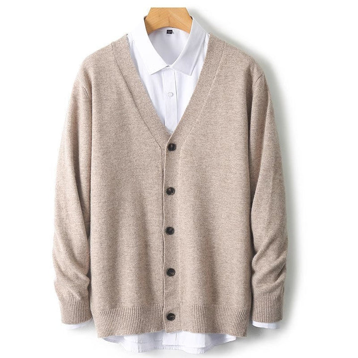 Comfortable men's button-front cardigan sweater, perfect for casual or stylish layering. Long sleeve knitwear.
