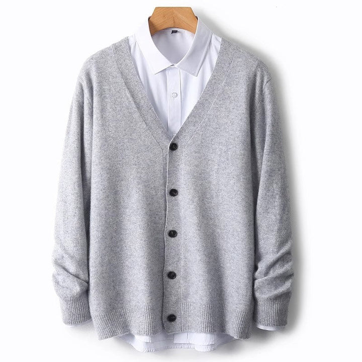 Classic men's knit cardigan sweater with button-front and V-neck. Comfortable & stylish for all seasons.
