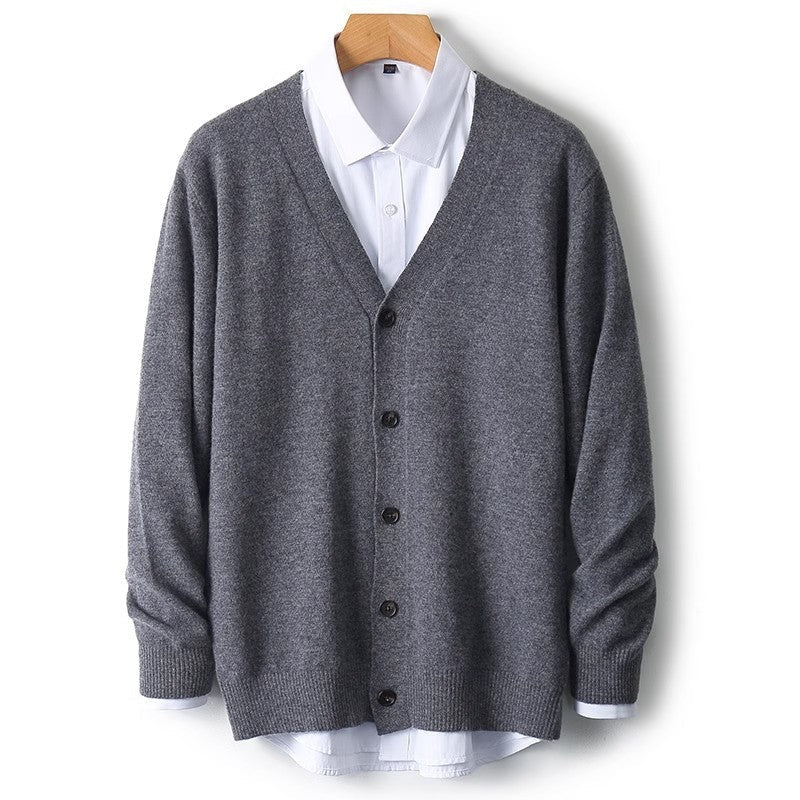 Men's casual button-down cardigan sweater, long sleeve V-neck knit for comfortable daily layering.