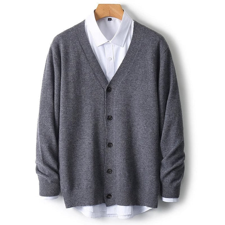 Men's casual button-down cardigan sweater, long sleeve V-neck knit for comfortable daily layering.