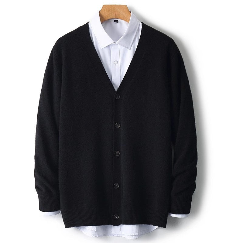 Premium men's V-neck button-down cardigan sweater, essential knitwear for stylish fall & winter outfits.