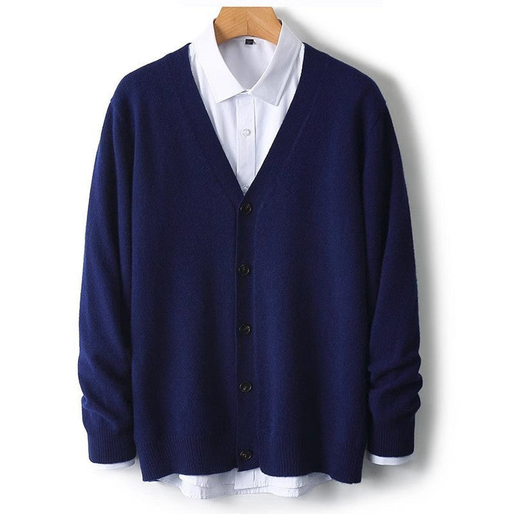 Modern men's long sleeve button-down cardigan sweater, perfect for versatile layering & casual style.