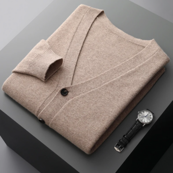 Men's V-neck button-front cardigan in classic style, perfect for versatile layering & casual wear.