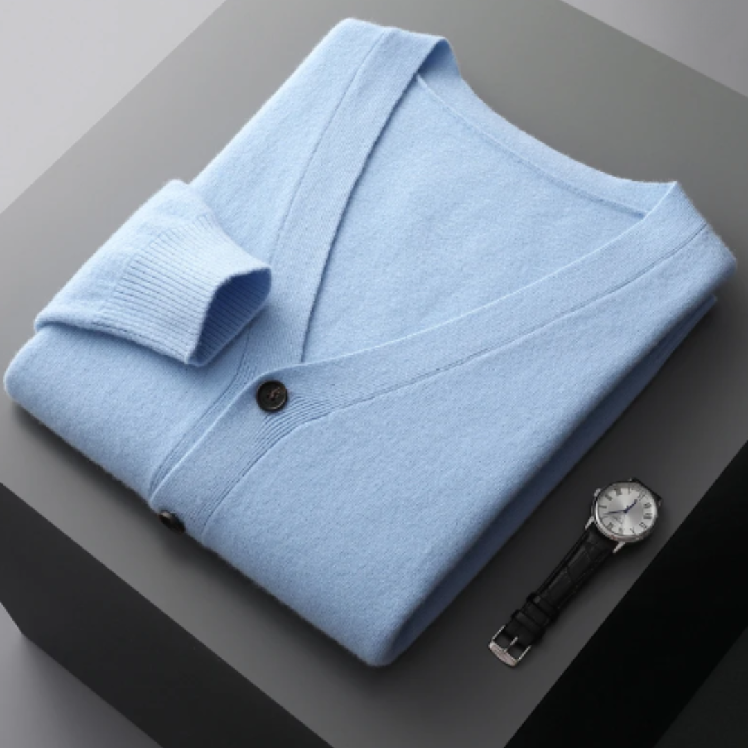 Men's V-neck ribbed knit cardigan, perfect for layering, fall fashion, and winter comfort.