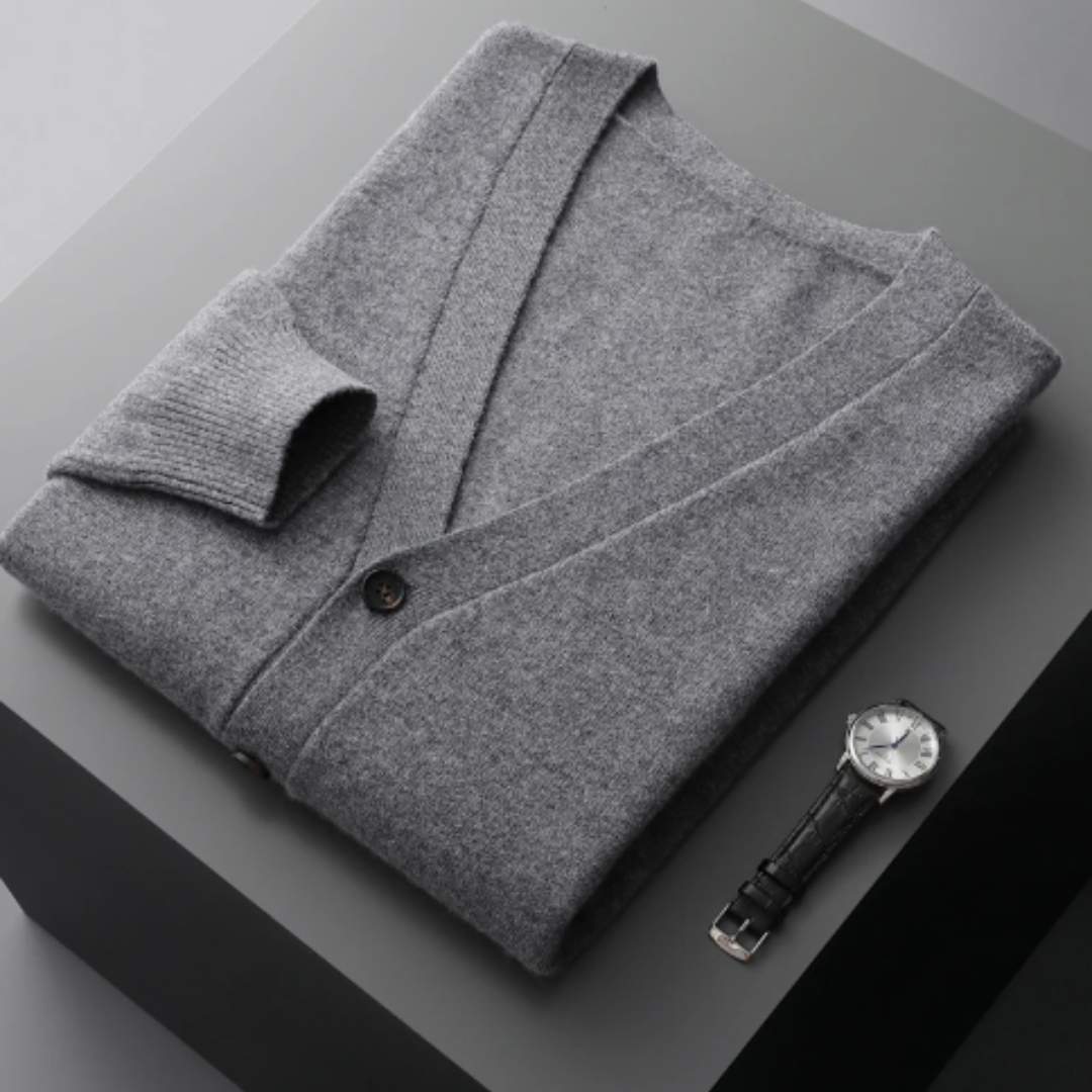 Stylish men's V-neck cardigan for layering, featuring a button front & classic design.