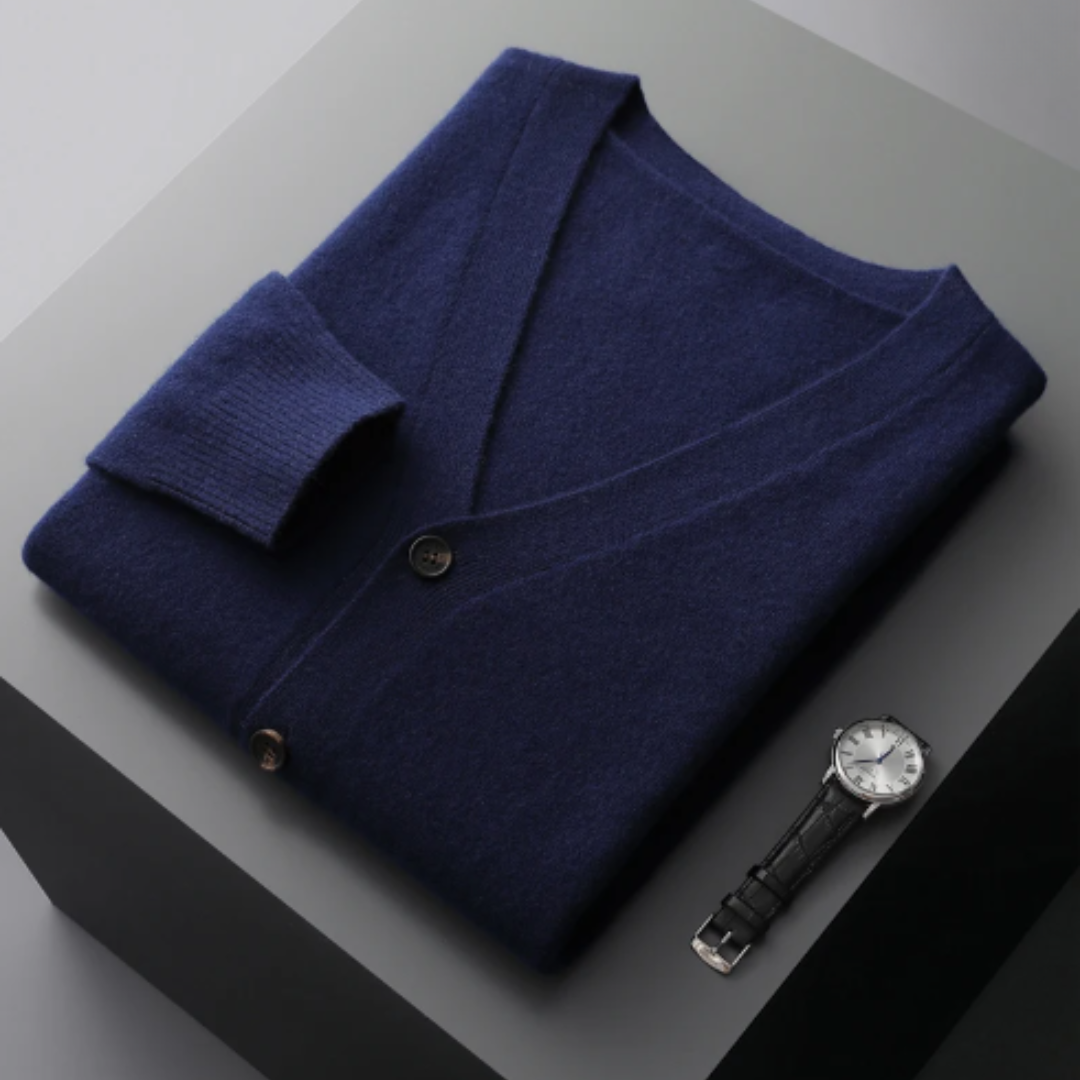 Versatile men's V-neck knit cardigan, great for casual wear, fall fashion & winter styling.