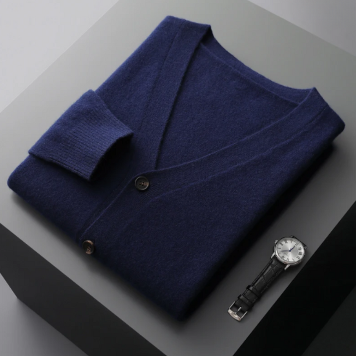Versatile men's V-neck knit cardigan, great for casual wear, fall fashion & winter styling.