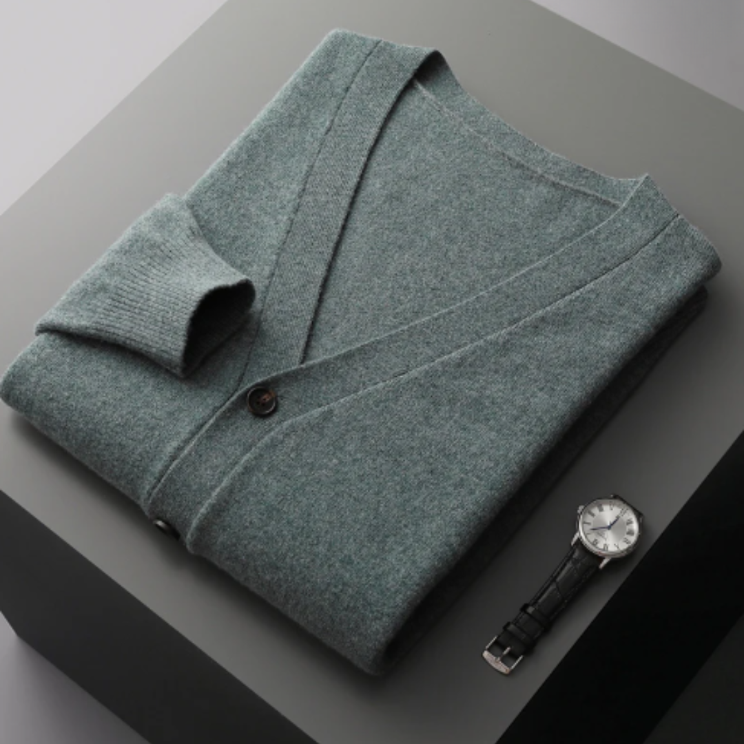 Ribbed men's V-neck sweater cardigan, an essential for versatile fall & winter outfits.