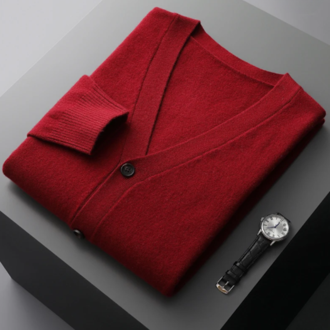 Men's V-neck long-sleeve cardigan for layering, button-front design, casual style.