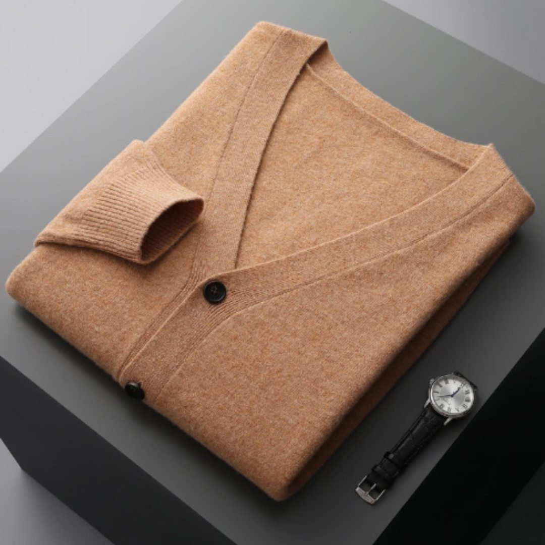 Button-front men's V-neck cardigan, a classic style sweater for versatile casual wear.