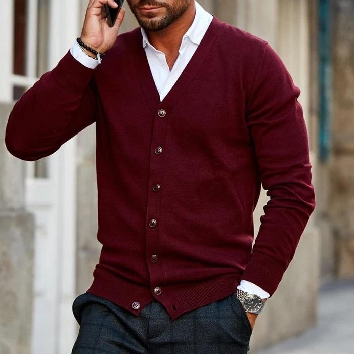 Men's V-neck knit cardigan, button-up. Smart casual layering for autumn & winter. Comfortable everyday fashion.