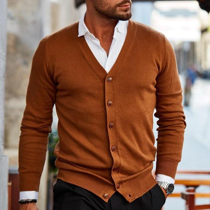 Soft knit men's V-neck casual cardigan. Comfortable button-up layering piece, ideal for autumn & winter style.