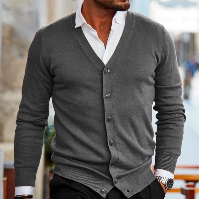Casual men's V-neck knit cardigan, button-up. Versatile for smart layering. Comfortable everyday autumn/winter wear.