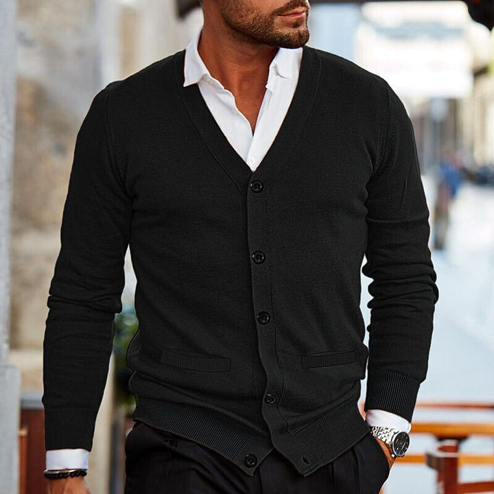 Cozy men's knit V-neck cardigan, button-up. Essential autumn & winter wear for smart casual comfortable layering.