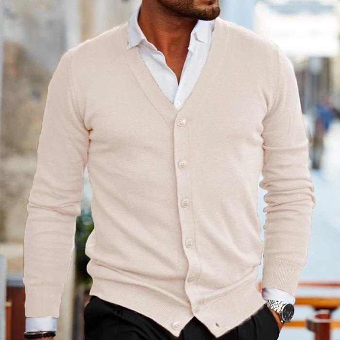 Stylish men's V-neck knit cardigan with buttons. Smart layering & comfortable casual wear. Perfect for autumn style.
