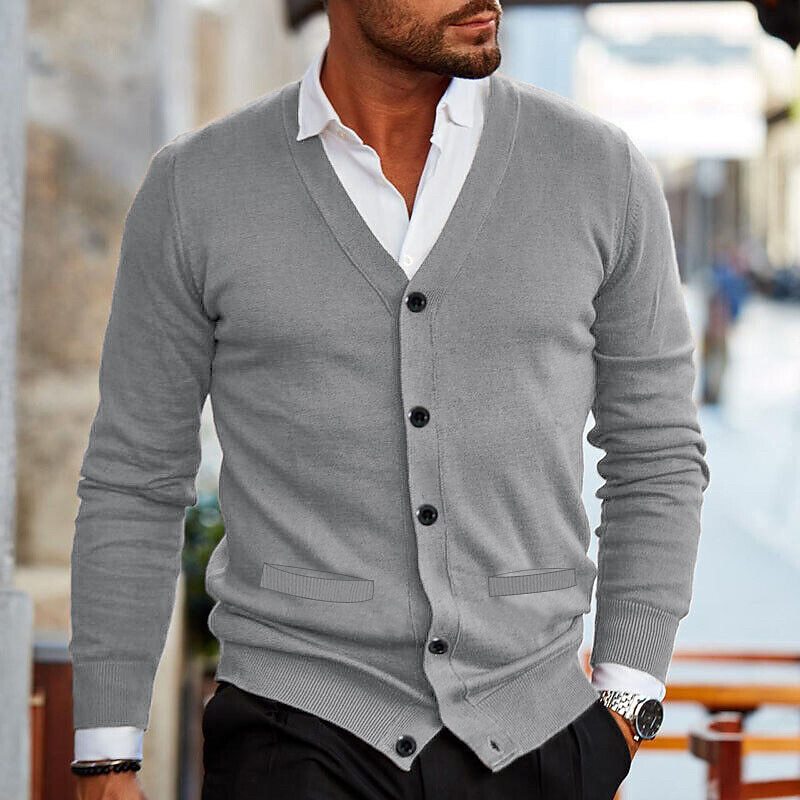 Comfortable men's casual knit V-neck cardigan. Button-up for easy smart layering. Versatile autumn fashion.