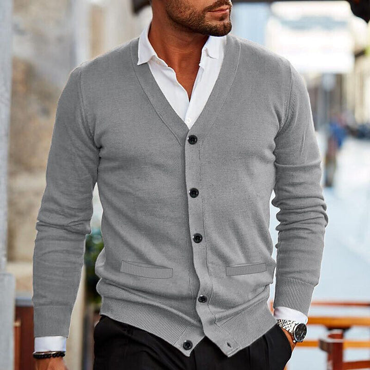 Comfortable men's casual knit V-neck cardigan. Button-up for easy smart layering. Versatile autumn fashion.