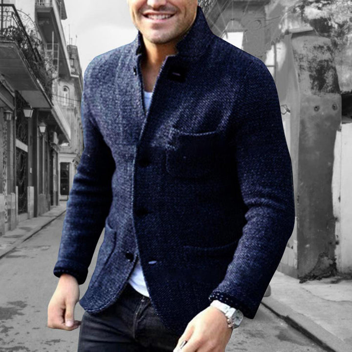 Black men's casual button-down jacket, stylish outerwear with a stand collar for daily fashion.