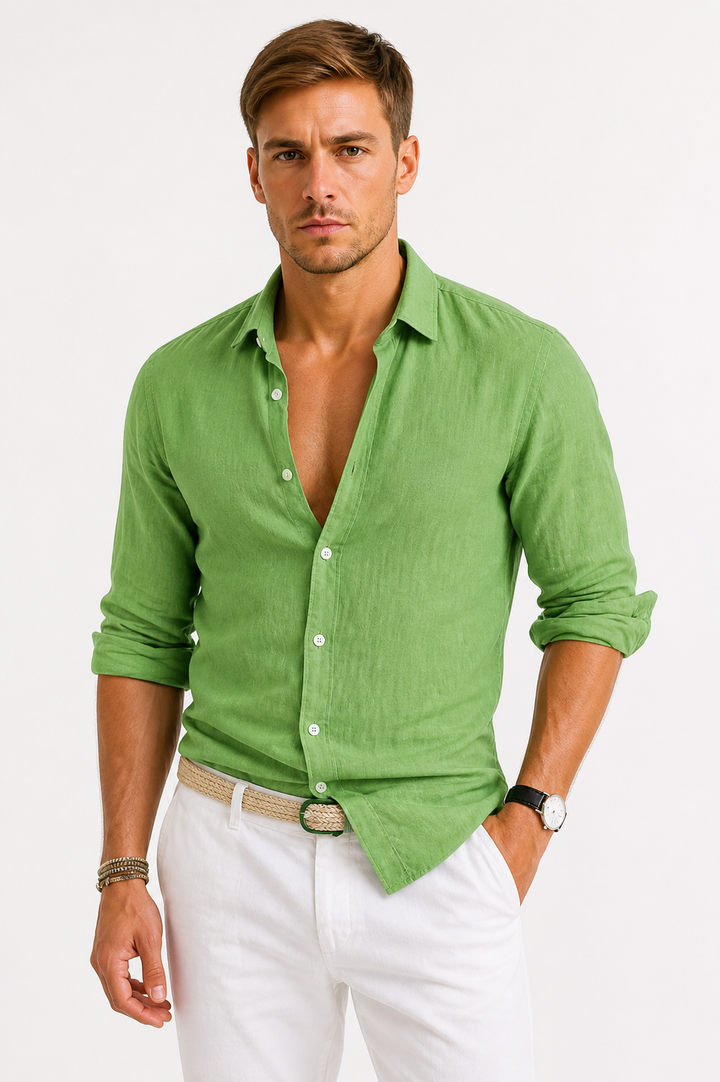 Lightweight men's button-down shirt with rolled sleeves, perfect for spring/summer smart casual style.