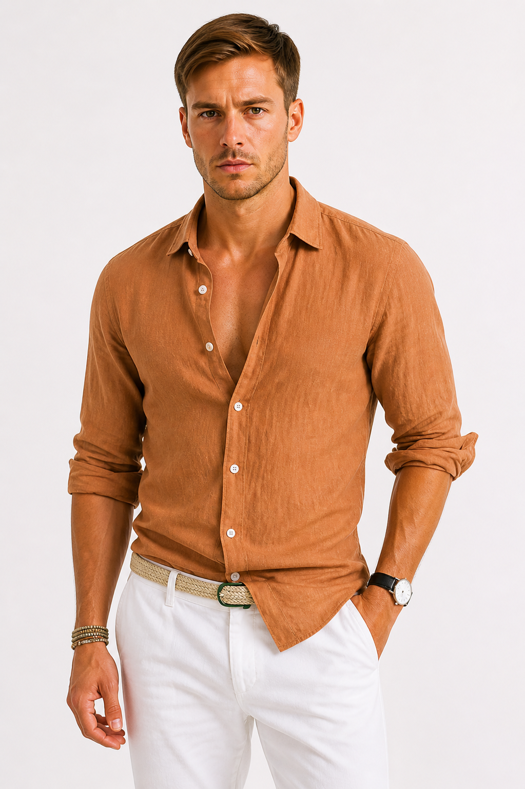 Relaxed fit men's button-down shirt, a comfortable casual top with versatile rolled sleeves.