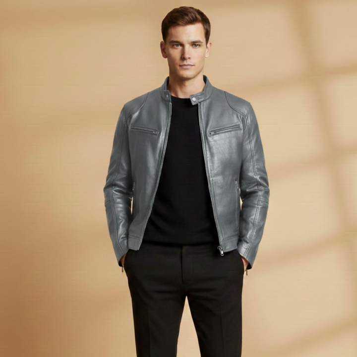 Stylish all-season men's jacket, full front zipper and adjustable cuffs.