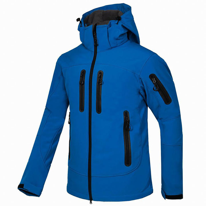 Men's versatile full-zip hooded jacket in black, ideal for outdoor adventures, casual wear, and all-weather utility.