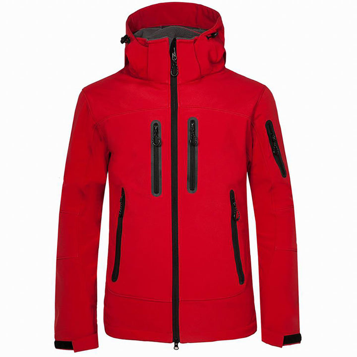 Blue men's hooded adventure jacket with full zip, perfect for travel, hiking, and all-weather outdoor activities.