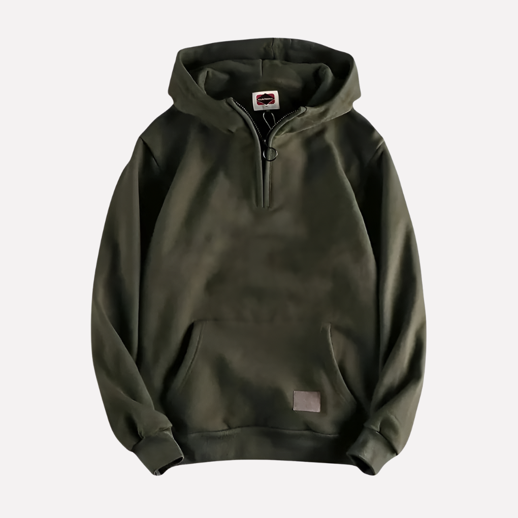 Comfortable men's half-zip hoodie, ideal for activewear & everyday layering. Soft pullover with hood.
