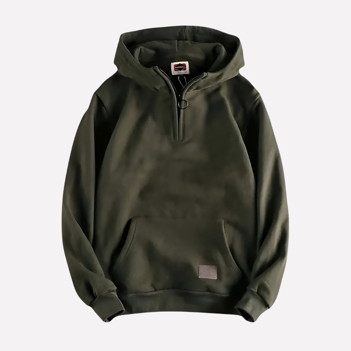 Comfortable men's half-zip hoodie, ideal for activewear & everyday layering. Soft pullover with hood.