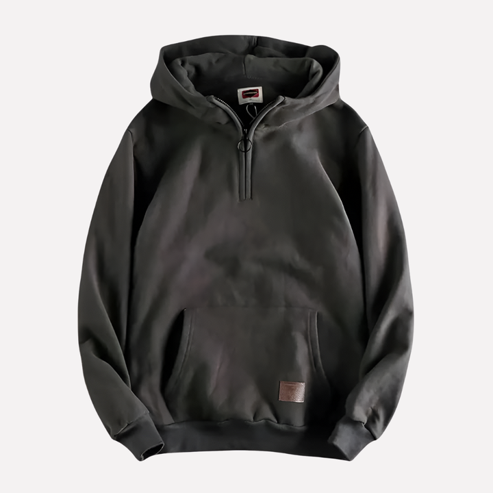 New men's half-zip hoodie, a versatile pullover for activewear & casual style. Comfortable long sleeve with hood.