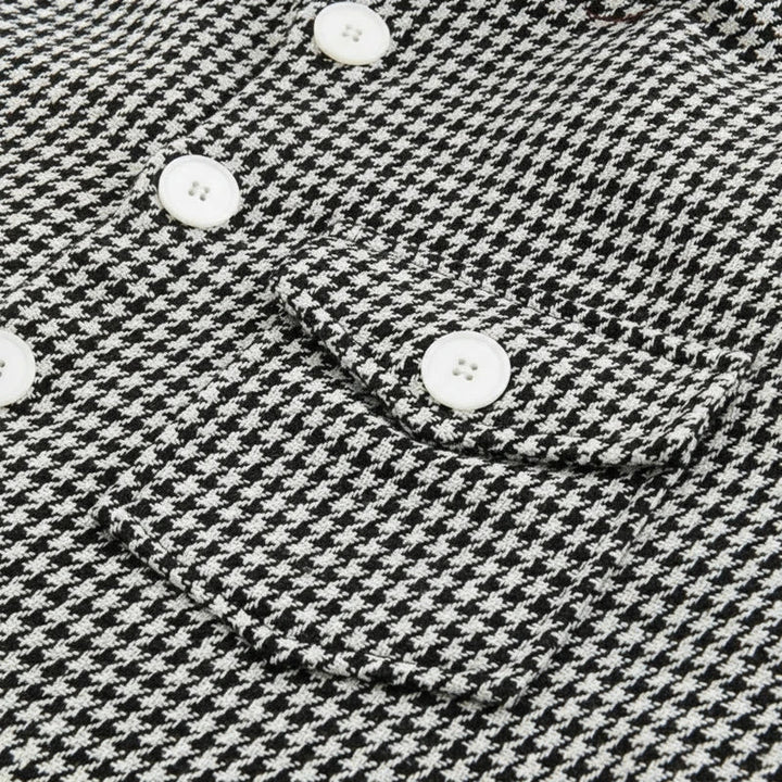 Men's houndstooth shacket, a smart casual button-down outerwear piece for versatile layering in spring & fall fashion.