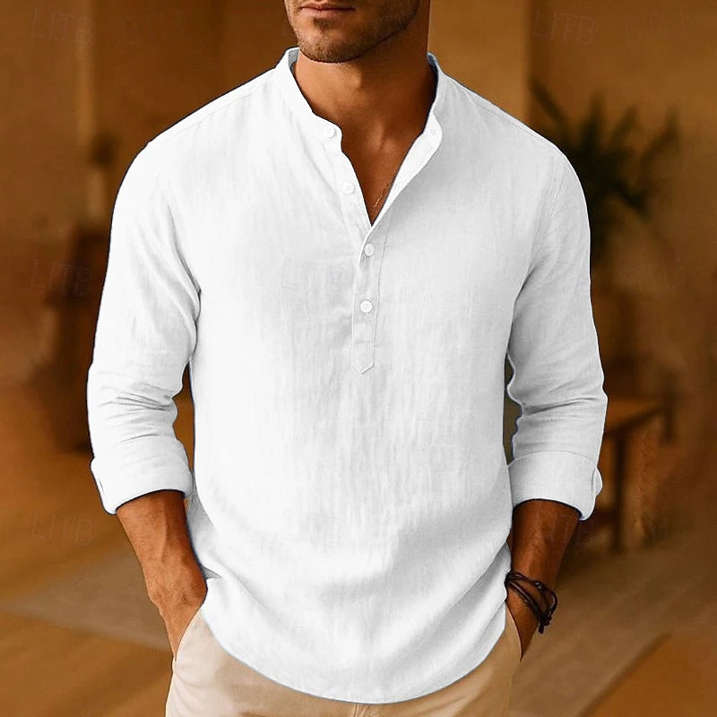 Front view of a men's versatile long-sleeve button-down shirt in a relaxed fit, great for casual & everyday wear.