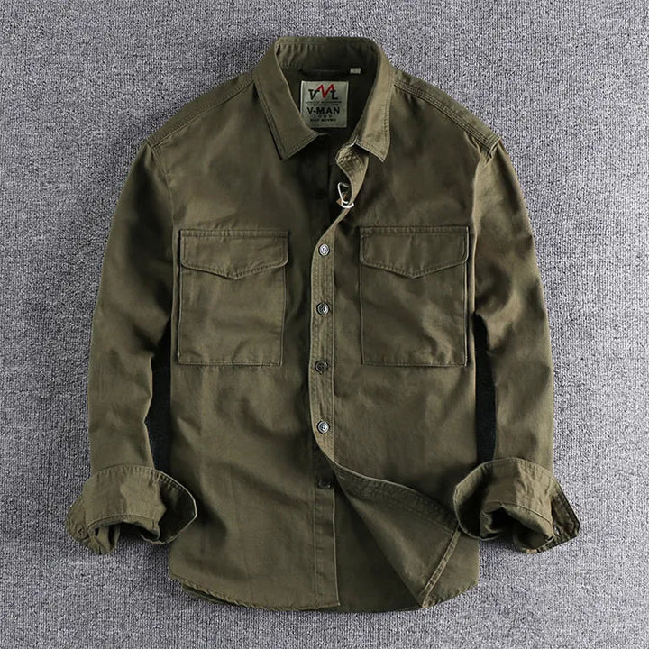 Fashionable men's long-sleeve utility shirt with button-down design, comfortable and stylish for casual everyday outfits.