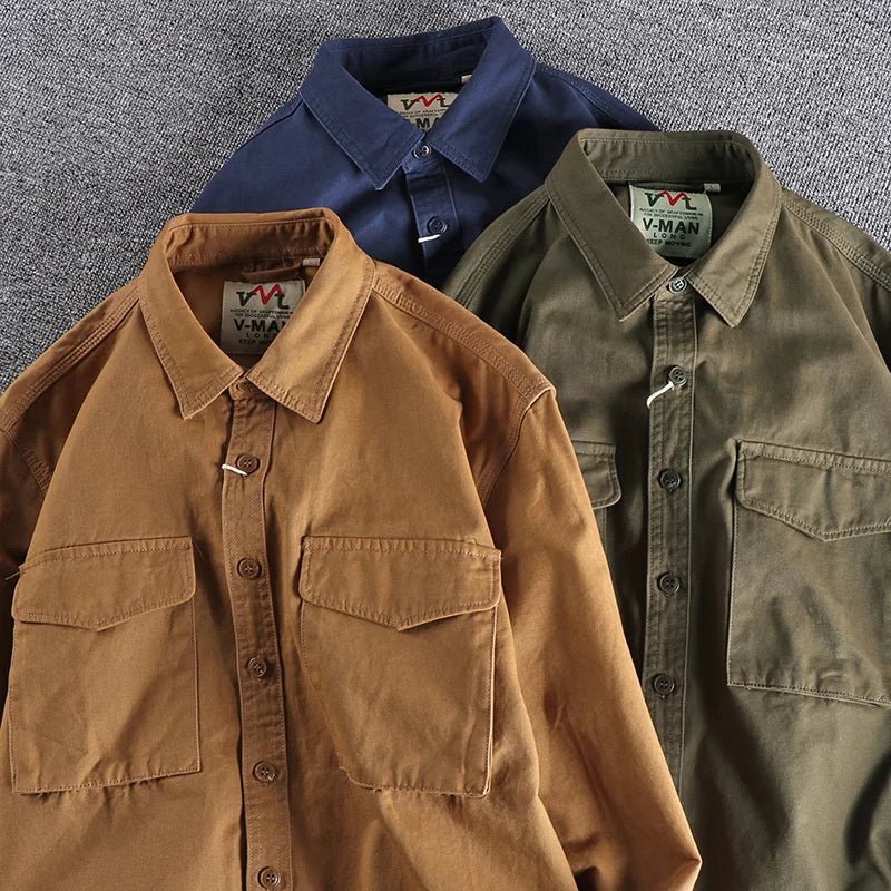 Casual men's long-sleeve button-down utility shirt, a comfortable and versatile piece for everyday stylish wear.