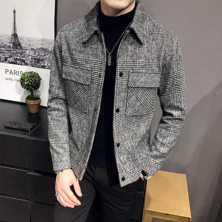 Classic men's plaid shirt jacket. Button-up design, perfect versatile outerwear for casual style & warmth.