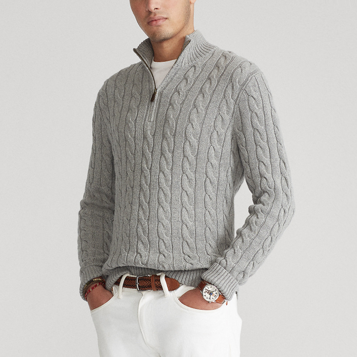 Men's versatile quarter-zip cable knit sweater. Classic knitwear pullover, perfect for fall and winter style.