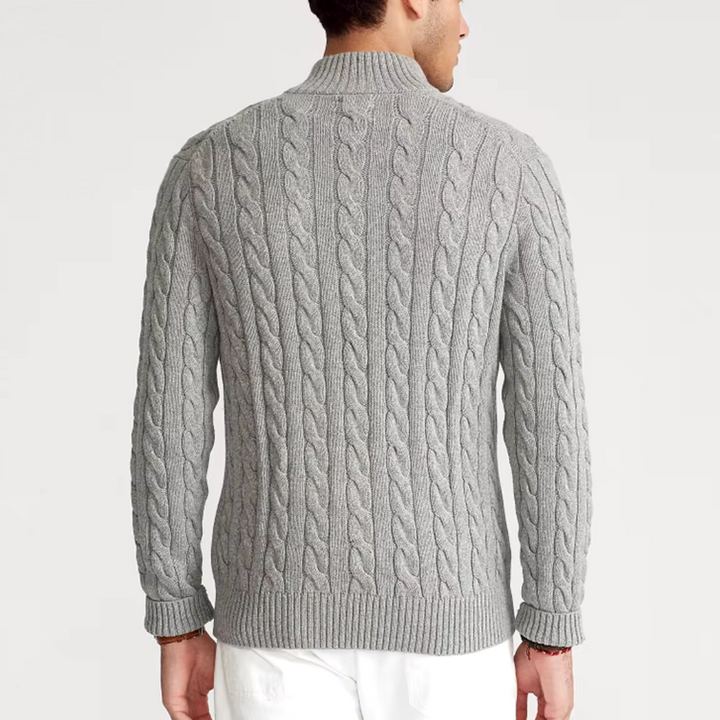 Stylish men's quarter-zip cable knit pullover. Comfortable and warm for casual fall and winter outfits.
